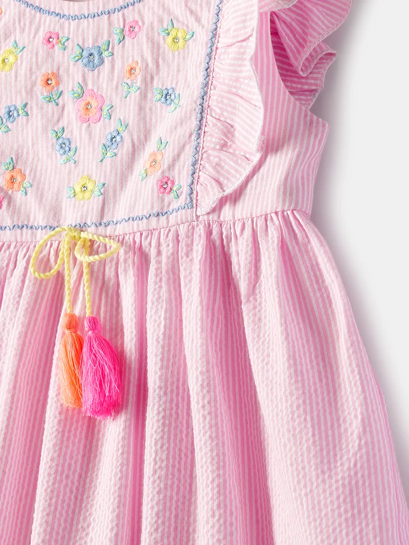 Nautinati  Girls' 100% Cotton All-over Striped & Floral Embroidered Ruffled Fit and Flare Dress with Tassels for Women | Best Price UAE